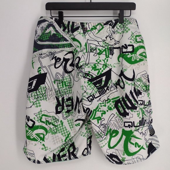 Quiksilver Cargo Side Pocket Logo Print Green Black & White Surf Board Shorts - Picture 2 of 10